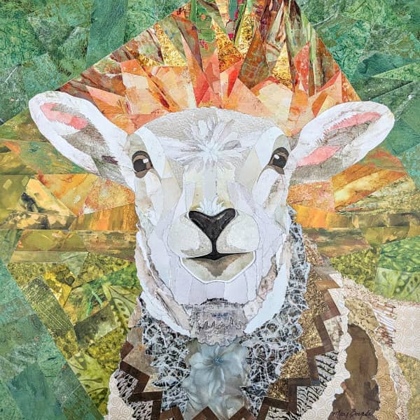 Sweatered Ewe, a paper mosaic collage by Marj Engle who is in the Artist Spotlight on allthingspaper.net